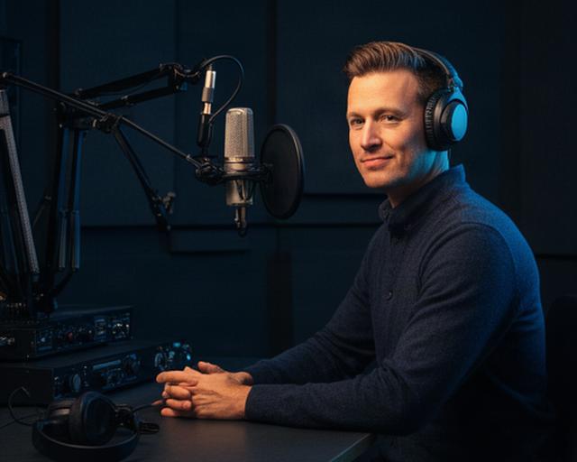 Ondernemer aan een podcastmicrofoon in een donkere professionele studio in Noord-Holland