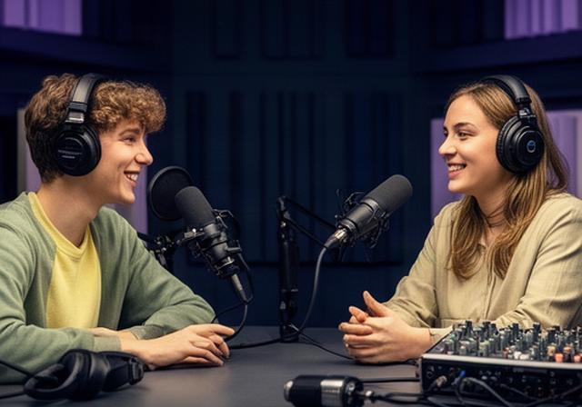 Docent en student nemen samen een educatieve podcast op in een professionele studio in Noord-Holland