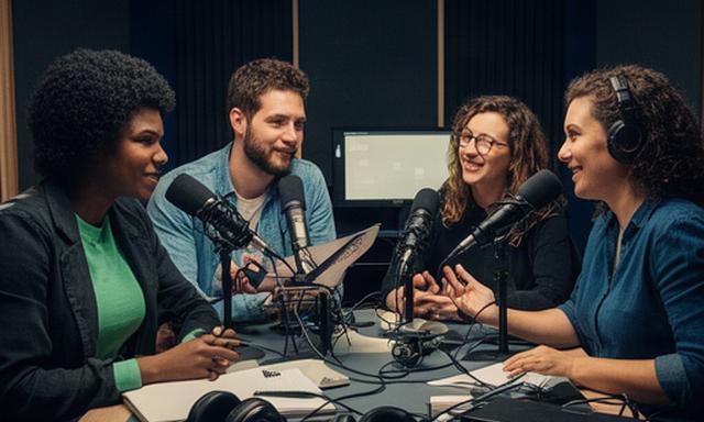 Klein technisch team bespreekt een podcastopname in een studio in Uitgeest