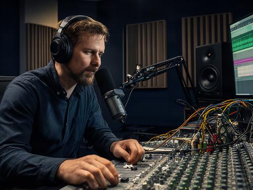 Audio-engineer achter een mengpaneel in de podcaststudio van Terpstra & Tromp Opname in Uitgeest