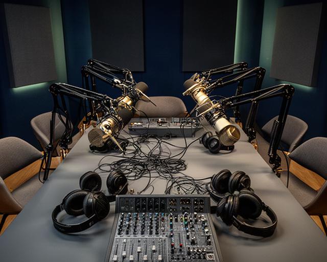 Podcaststudio in Uitgeest met meerdere microfoons, hoofdtelefoons en een mengpaneel voor een groepsgesprek