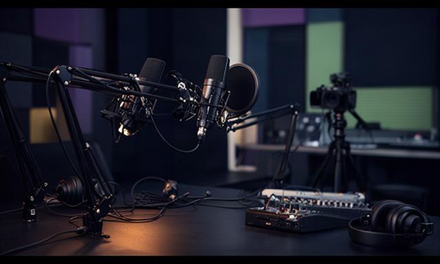 Donkere podcaststudio in Uitgeest met studiomicrofoons, camera en warme werkverlichting