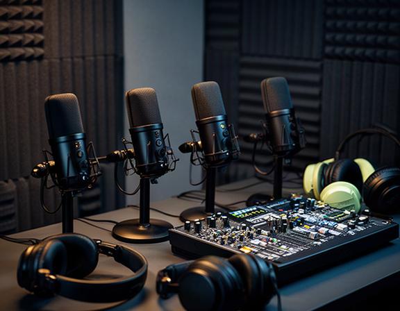 Vier zwarte podcastmicrofoons naast een mengpaneel en koptelefoons in een akoestisch geïsoleerde studio