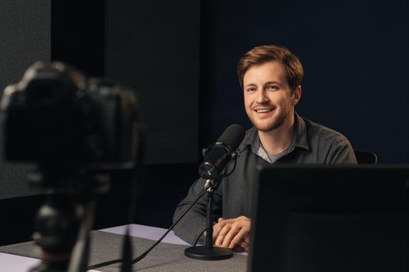 Creator aan tafel in een podcaststudio met camera, monitor, zachte belichting en donkere achtergrond