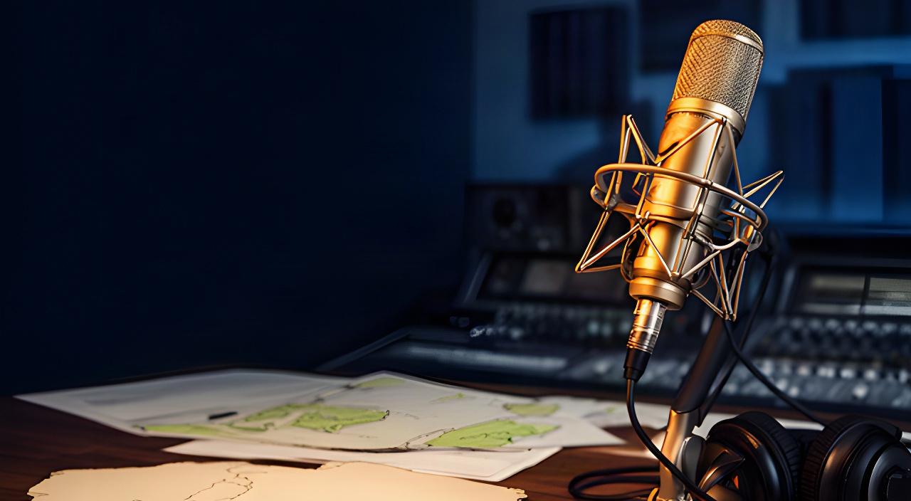 Microfoon in een podcaststudio met kaarten en notities over Noord-Holland op tafel