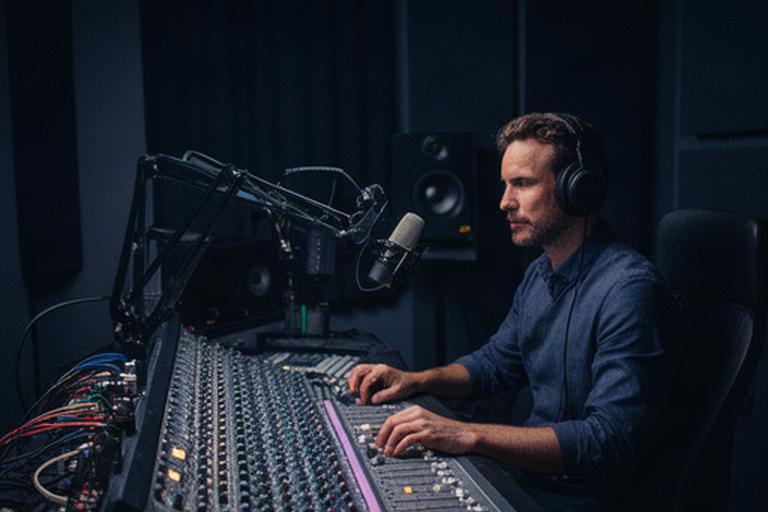 Geluidsengineer achter een mengpaneel in een donkere podcaststudio in Uitgeest